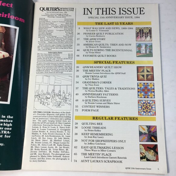 Quilters Newsletter Magazine Special 15th Anniversary Issue 1984 Tips Patterns - Picture 3 of 8